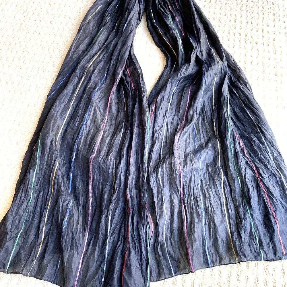 Silky black crinkle fabric scarf wrap shawl multicolor metallic ribbon stripes